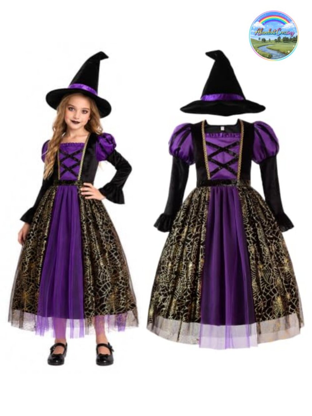 Girls Witch Costume with Hat Satin Tulle Halloween Dress Up
